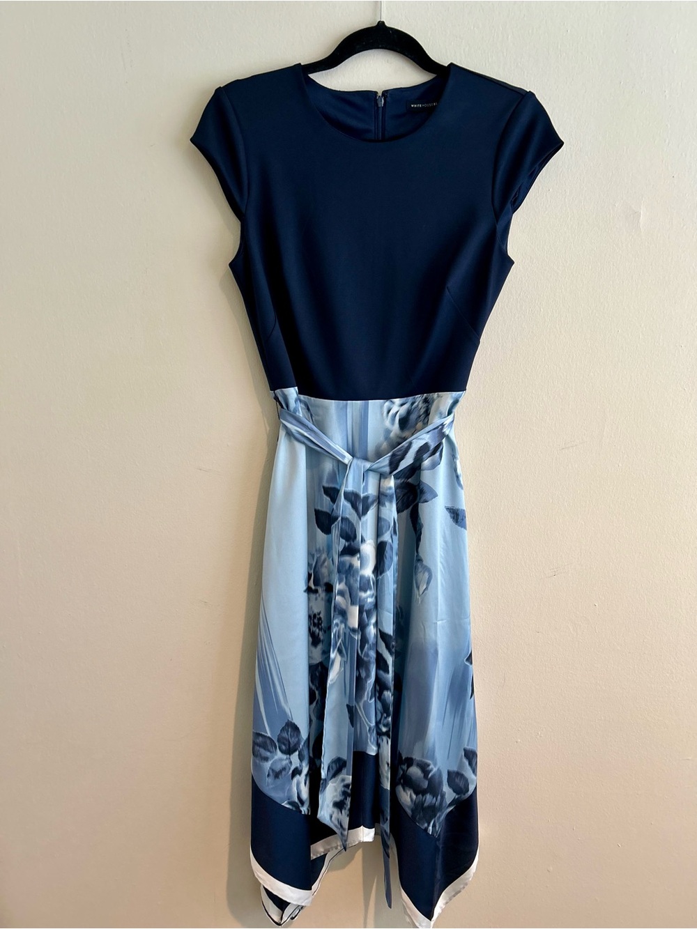 White House Black Market Navy and Light Blue Floral Midi Dress